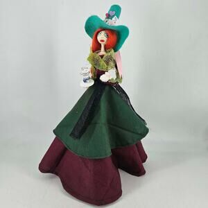 Hand crafted painted made wool wood Mad Hatter witch doll figurine